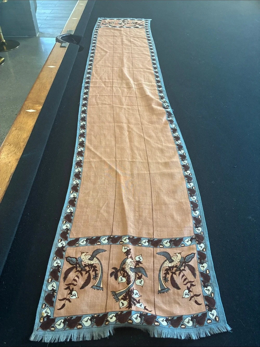 Vintage Long Linen Brown and Blue Bird Motif Scarf